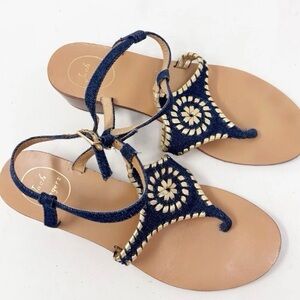 JACK ROGERS Women's Denim Navy Gold Leather Block Heel ELISE Heeled Sandals Sz 7